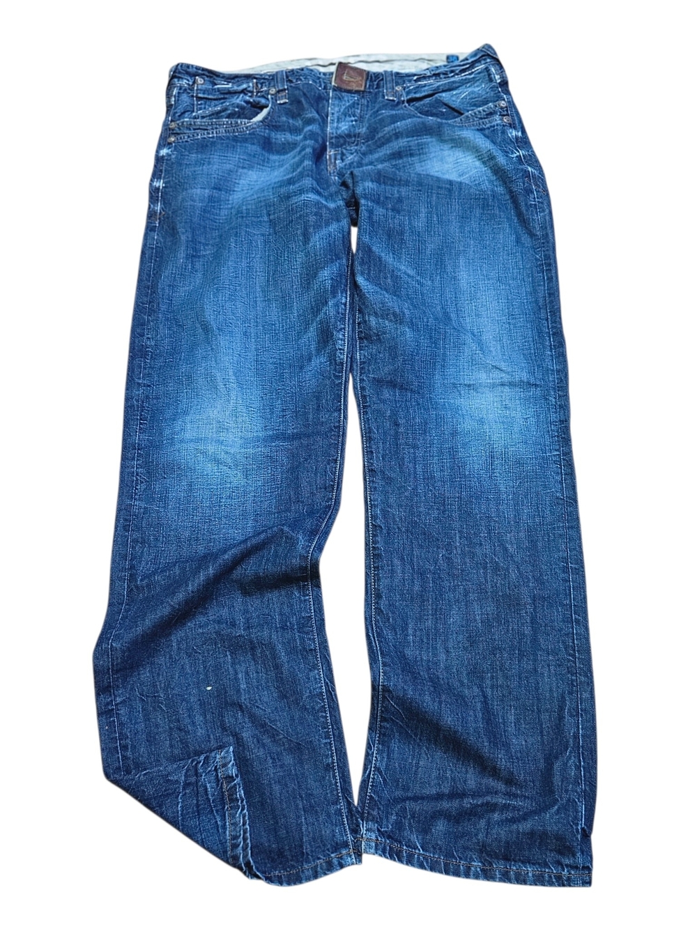 Guess Rebel Straight Leg Jeans Mens 38 Medium Wash Distressed Faux Leather Trim